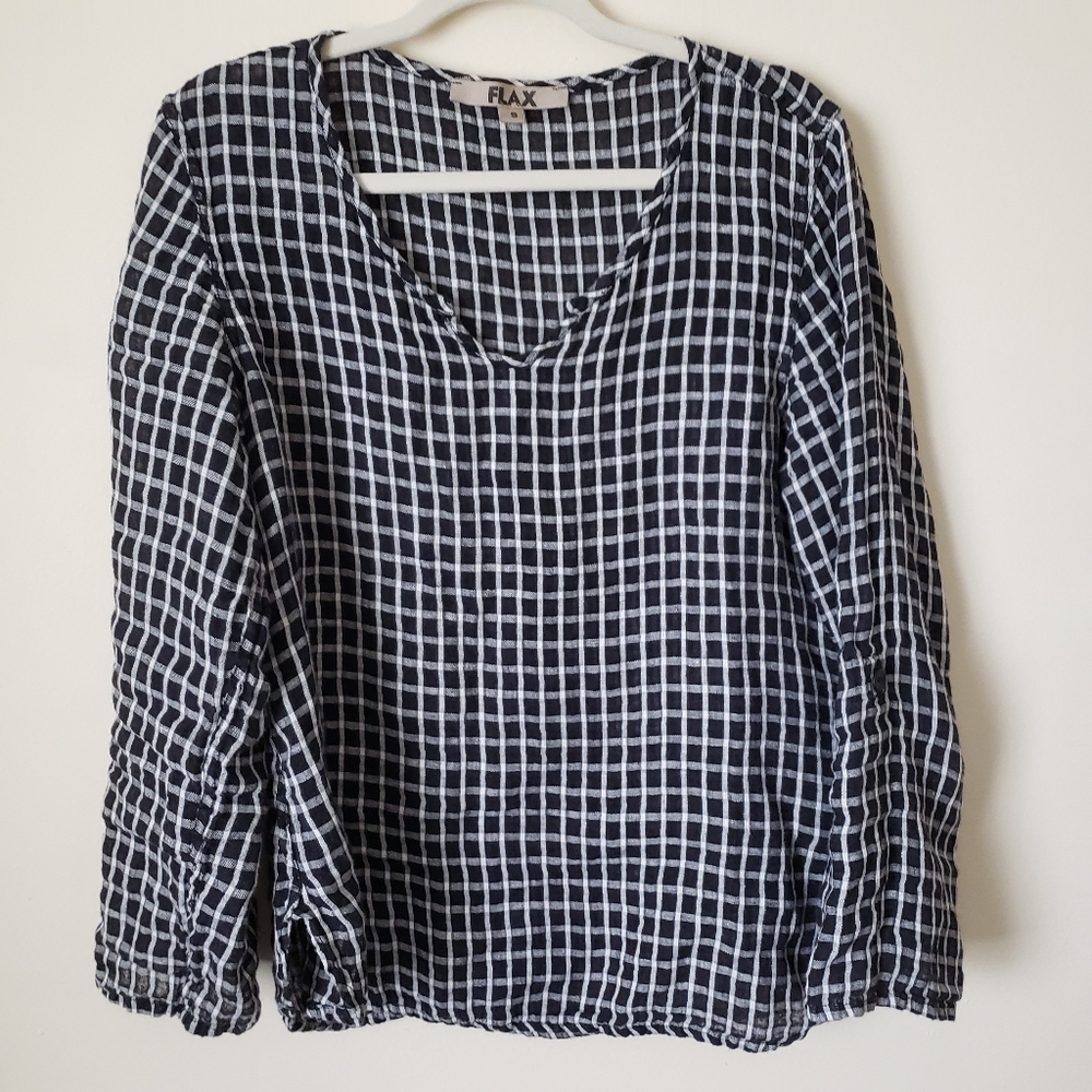 Flax Small Windowpane Top Roll Tab Sleeves V Neck Black White